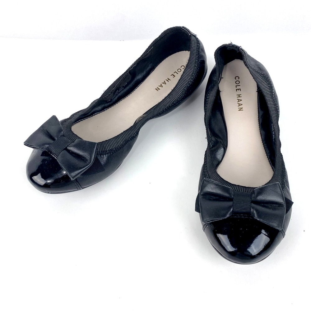 Cole Haan Ballet Flats Womens 5 B Black Leather w Bow Slip On Shoes Cap Toe Fine